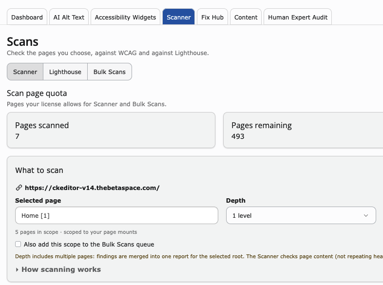 Scanner tab showing Bulk Scans scope, page quota, and page selection