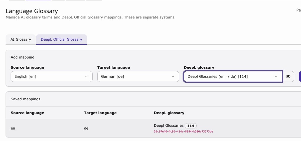 Language Glossary with DeepL Official Glossary tab, language pair fields and a saved en to de mapping