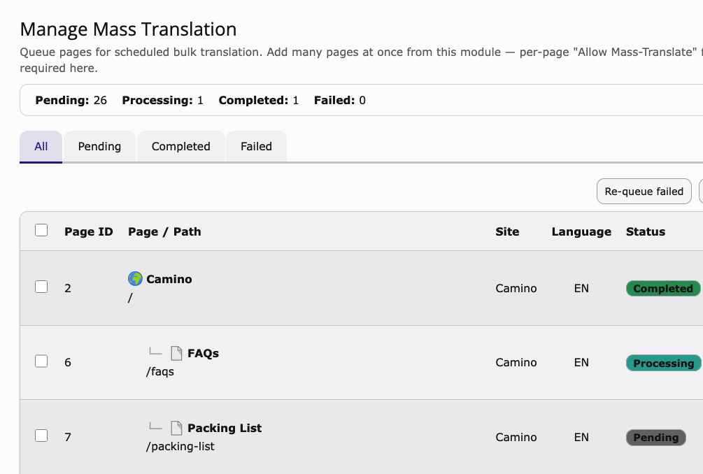 Manage Mass Translation queue with pending, processing and completed counts plus page status badges
